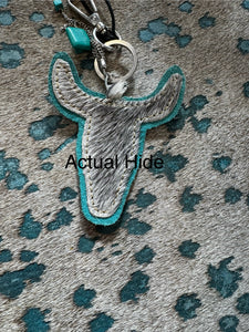 BUFFALO HEAD HAIR-ON HIDE KEY FOB IN TURQUOISE