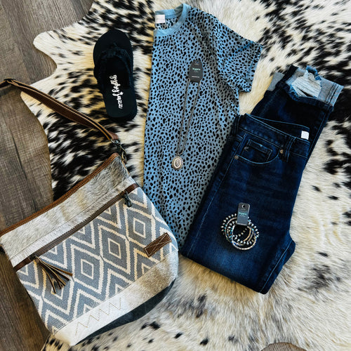 Camila Animal Print Crew in slate blue