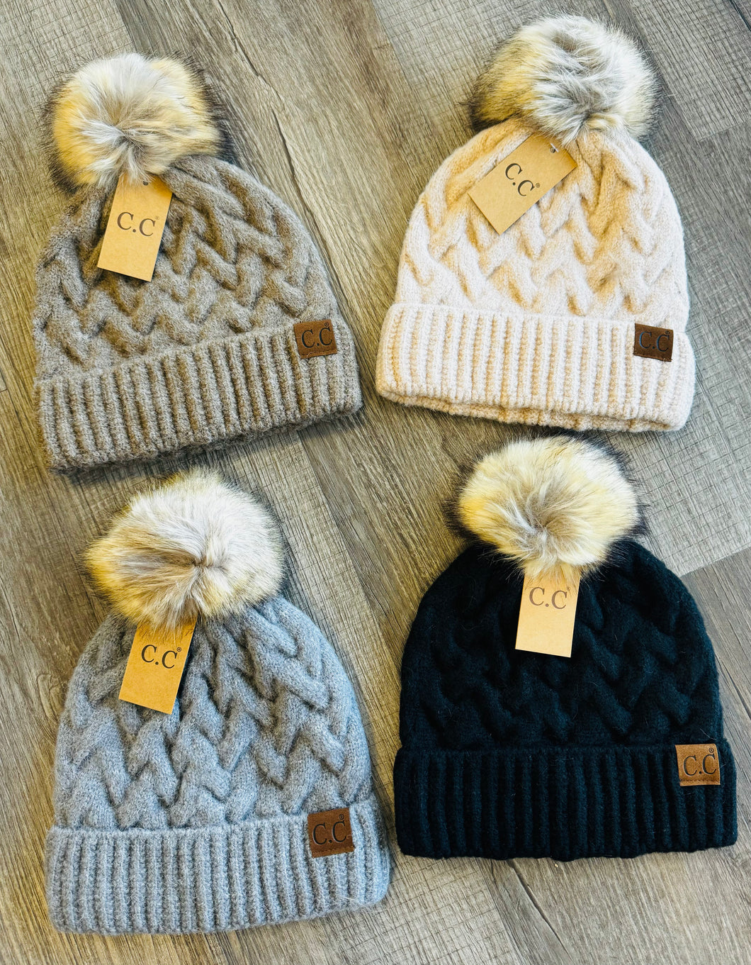 Chunky Braided Cable Knit Fur Pom C.C Beanie HAT7384