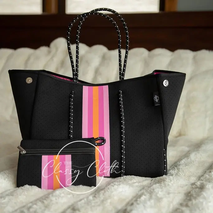 Beach Bag - Black w/ Hot Pink & Orange Stripe