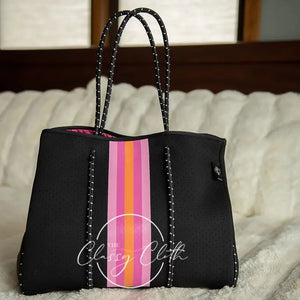 Beach Bag - Black w/ Hot Pink & Orange Stripe