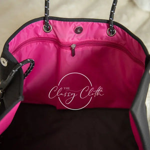 Beach Bag - Black w/ Hot Pink & Orange Stripe