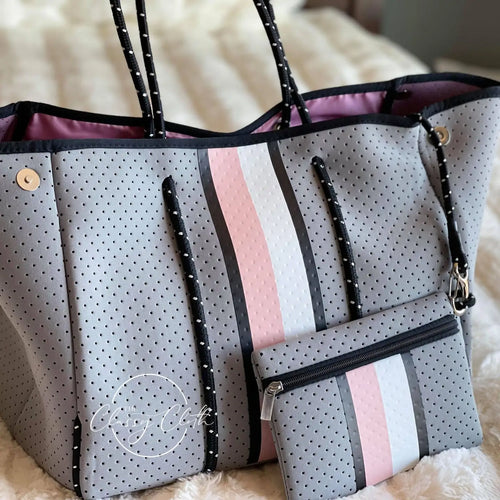 Beach Bag - Grey w/ Pink & White Center Stripe