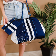 Load image into Gallery viewer, Beach Bag - Navy w/ Navy &amp; White Stripe Lining