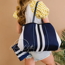 Load image into Gallery viewer, Beach Bag - Navy w/ Navy &amp; White Stripe Lining