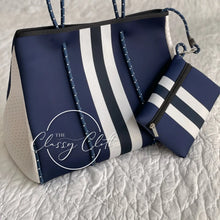 Load image into Gallery viewer, Beach Bag - Navy w/ Navy &amp; White Stripe Lining