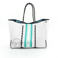 Load image into Gallery viewer, Beach Bag - White w/ Turquoise &amp; Silver Stripe