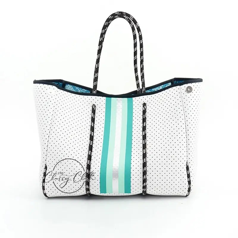 Beach Bag - White w/ Turquoise & Silver Stripe