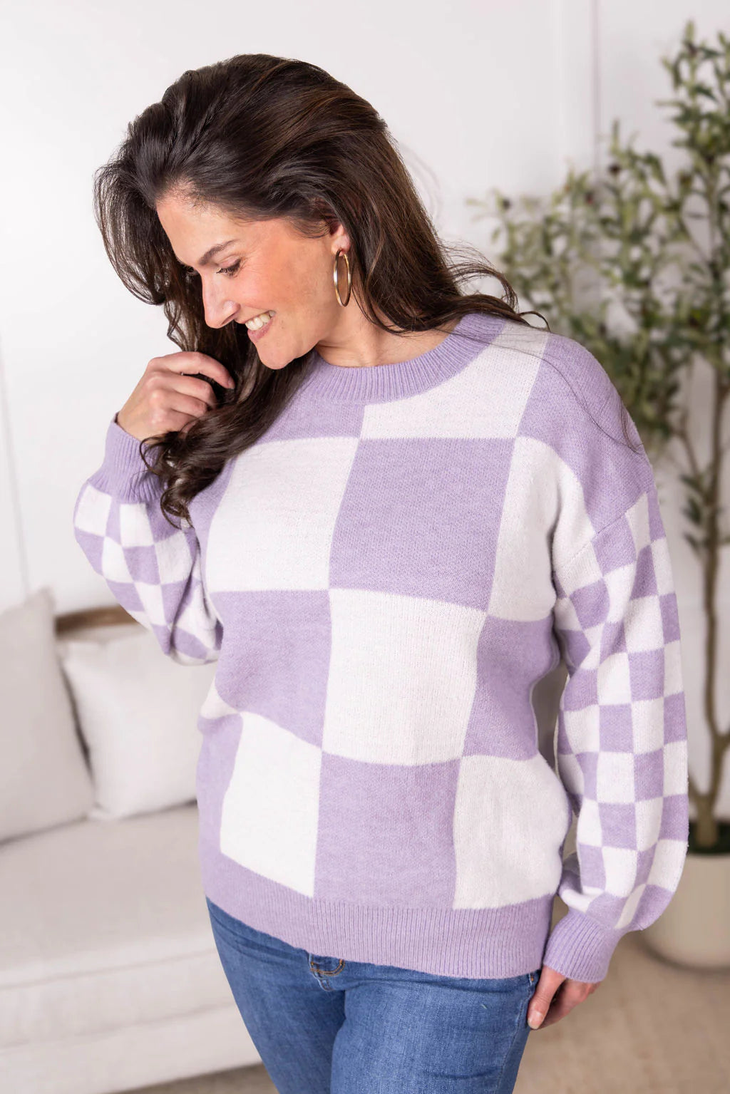 Checkered Pullover Sweater - Lavender