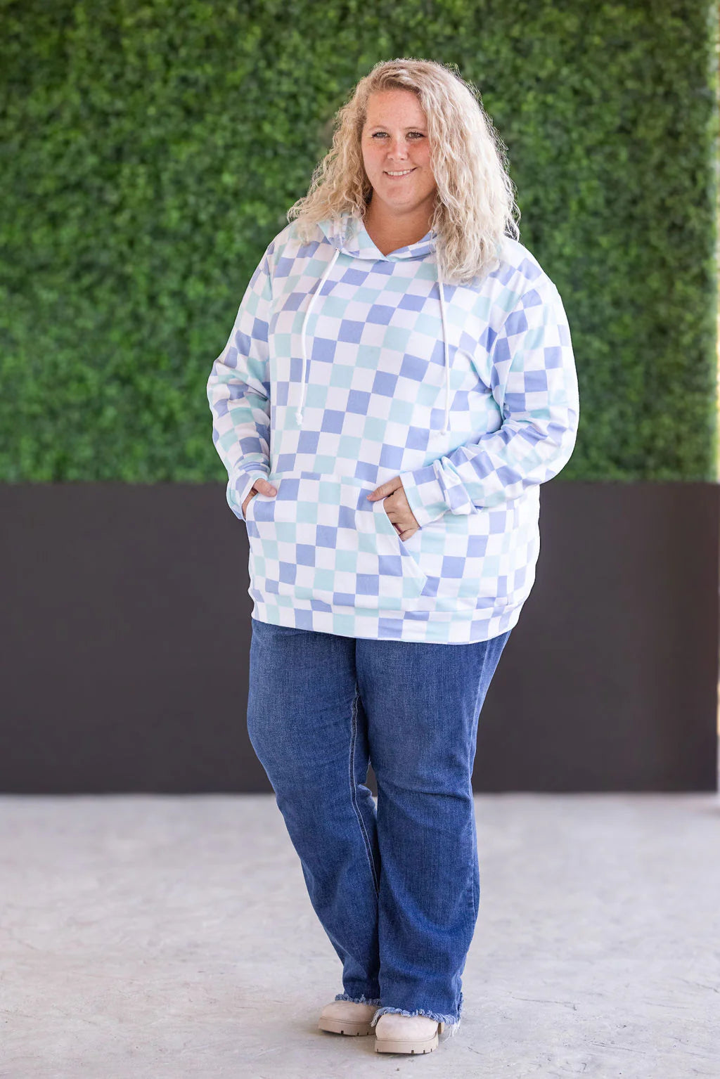 Hailey Pullover Hoodie - Blue and Mint Checker MM EXCLUSIVE